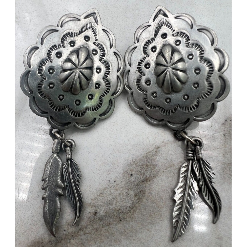 Vintage JJ  Dangle Stud Earrings Southwestern Concho Feather Silver Tone 1998